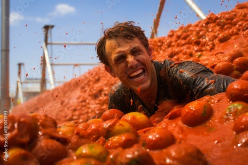 Tomatina festival people. Popular event with large crowds of laughing people. Generate AI photo