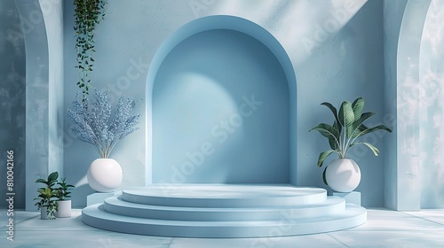 podium scene with pastel blue and white colors, providing a serene backdrop for presenting cosmetic products or fashion accessories