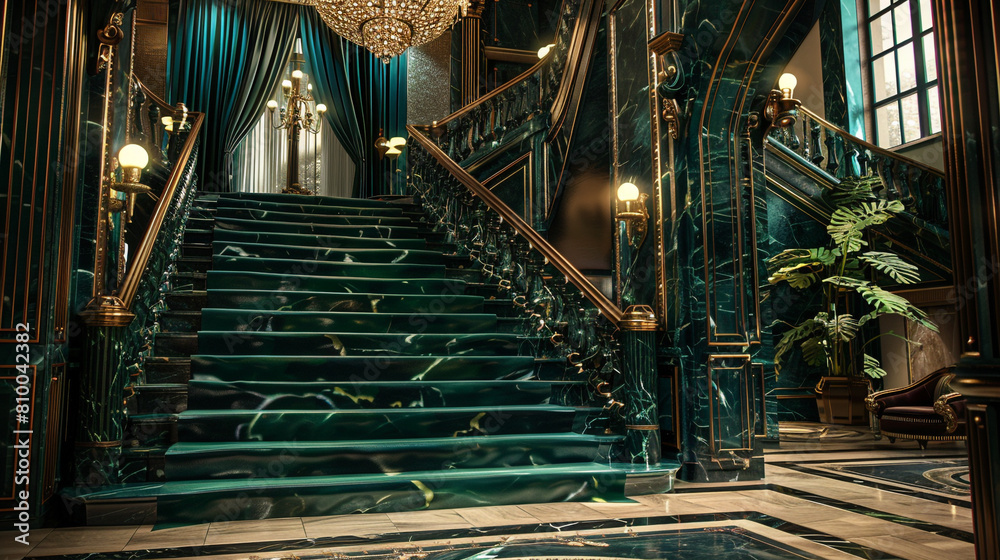 Obraz premium Opulent entryway with a deep emerald green marble staircase lush velvet drapes and a large brass chandelier