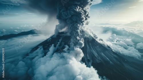 large active volcano with a large smoke trail aerial view