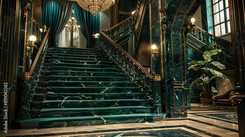 Opulent entryway with a deep emerald green marble staircase lush velvet drapes and a large brass chandelier