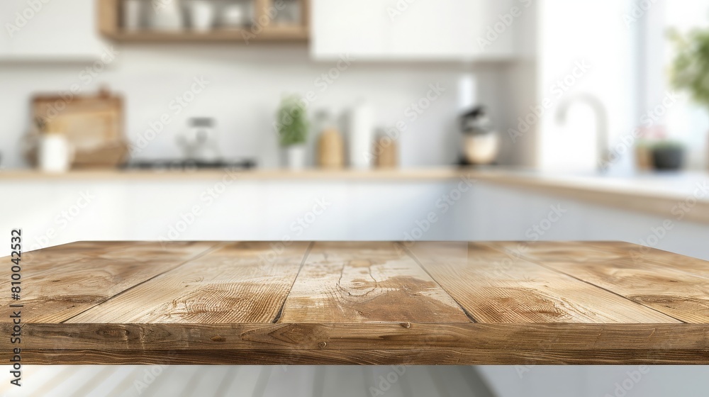 Empty Beautiful wood table top and blur bokeh modern kitchen interior background in clean. generative ai