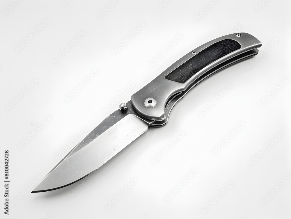 Folding pocket knife with sharp silver blade on clean white background Folding pocket knife with sharp silver blade on clean white background