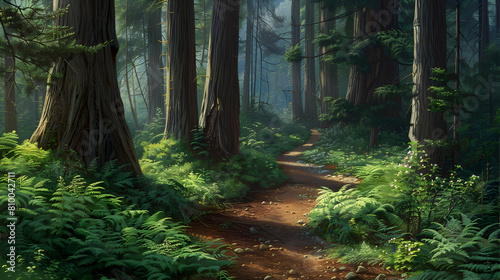 A rugged path winding through an ancient coniferous forest, flanked by towering cedar trees and a thick undergrowth of ferns
