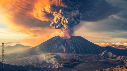 large active volcano with a large trail of smoke at sunset in high resolution and high quality