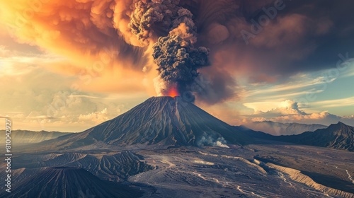 large active volcano with a large trail of smoke at sunset in high resolution and quality