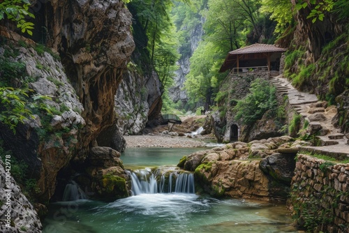 A picturesque view of a small waterfall in a lush green forest. Ideal for nature and outdoor enthusiasts