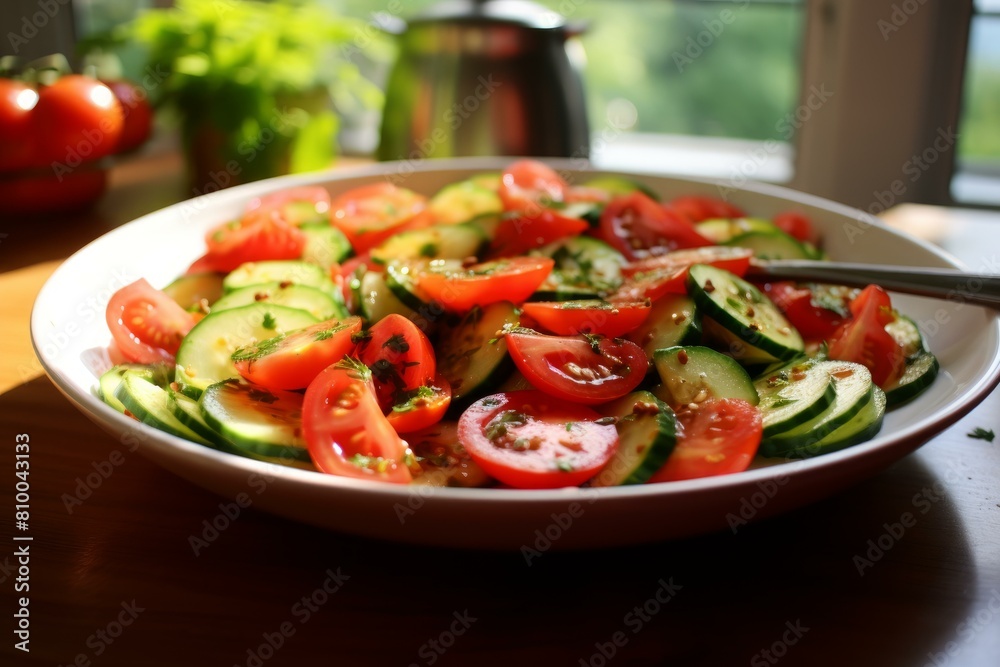Vibrant plate of sliced tomato and cucumber salad, garnished with herbs