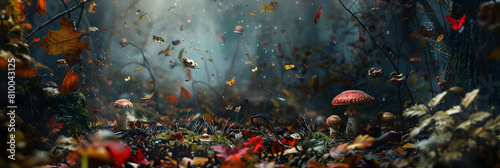 A scene capturing the chaotic yet harmonious life on the forest floor of a temperate forest, with small fungi, insects, and fallen leaves in detailed focus photo