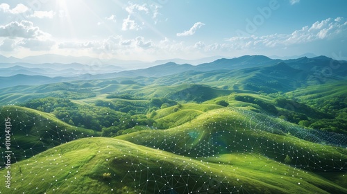 Panoramic view of rolling hills and a digital mesh floating above, under a clear blue sky
