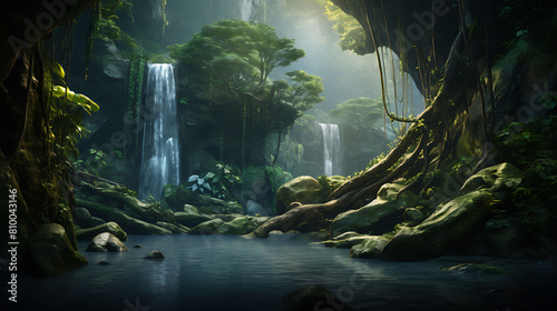 A tranquil waterfall cascading down moss-covered rocks, creating a serene oasis within the depths of the jungle. photo