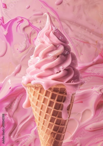 A close-up of a pink ice cream cone with melting soft serve against a pastel background, highlighting the creamy texture and delicious appeal.