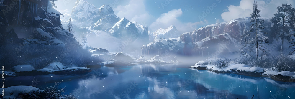 A secluded alpine spring surrounded by snow-capped peaks, the water brilliantly blue against the stark white snow A secluded alpine spring surrounded by snow-capped peaks, the water brilliantly blue against the stark white snow