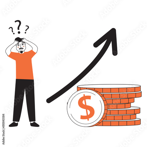 Economic inflation dollar value increase.Cost low and loss. Tiny people standing near piles of coins.Financial crisis.Character cartoon flat cartoon style.