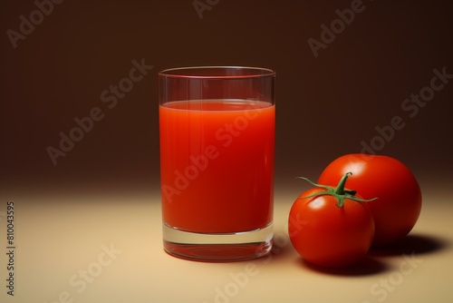 Vibrant image depicting a glass of tomato juice next to fresh whole tomatoes on a warm background