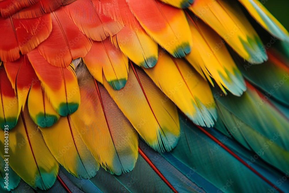 Fototapeta premium Vividly colored bird feathers, a close-up that speaks to the richness of avian species and the threat of their decline