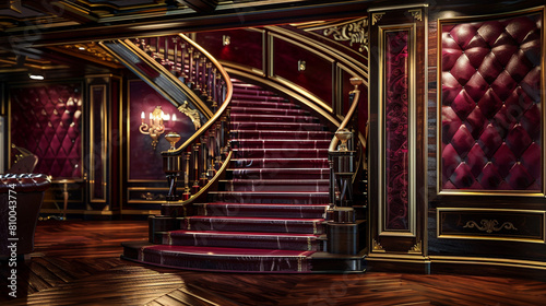 Rich burgundy staircase in a luxury hall with matching burgundy leather panels dark wood floors and opulent gold trim