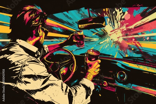 A man driving a car with a spray can. Suitable for automotive and transportation concepts