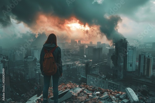 A woman stands on a pile of rubble looking out over a city
