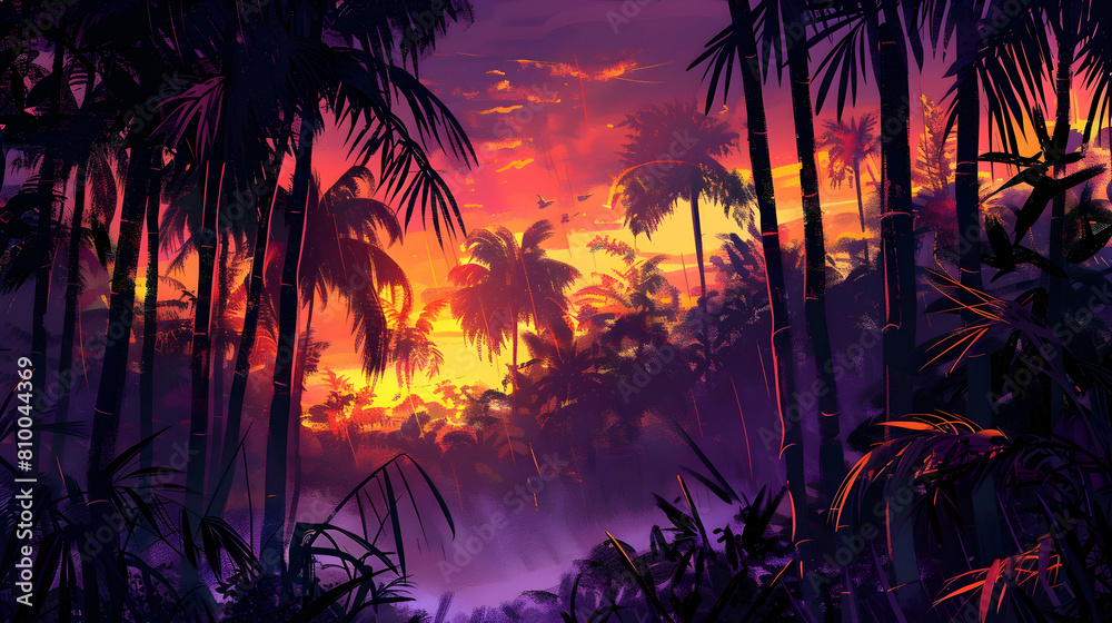 A serene bamboo forest at twilight, the sky painted with hues of purple and orange above the verdant columns