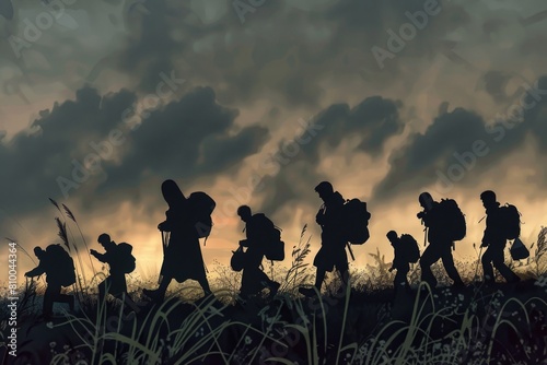 A group of people with backpacks walking through a field. Suitable for outdoor and adventure themes