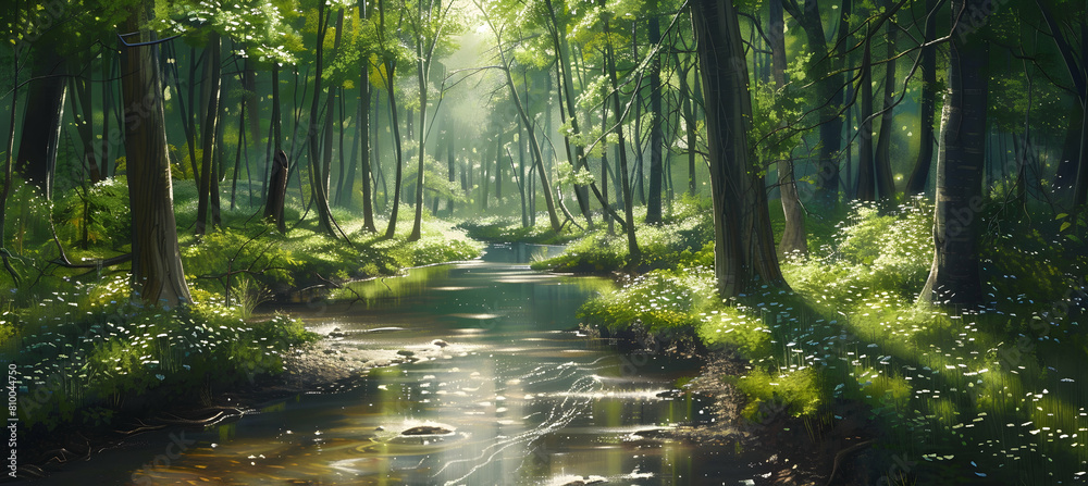 A serene creek winding through a lush green forest, sunlight filtering through the leaves, creating patterns on the water's surface A serene creek winding through a lush green forest, sunlight filtering through the leaves, creating patterns on the water's surface