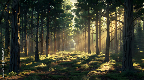 A serene early morning in a dense coniferous forest, the sunlight filtering through tall pine trees, casting long shadows on a carpet of pine needles photo