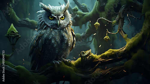A wise old owl perched on a moss-covered branch in the mysterious depths of the jungle. photo