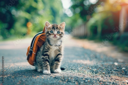 A cute kitten sitting by the road, perfect for animal lovers photo