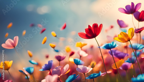 Cinematic image view of colorful rose petals swaying left and right