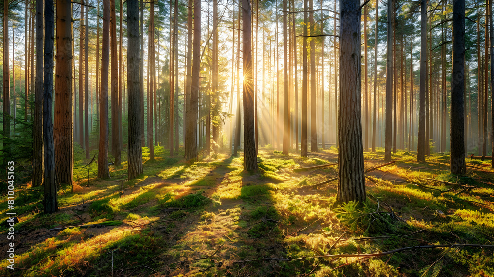 Obraz premium A serene early morning in a dense coniferous forest, the sunlight filtering through tall pine trees, casting long shadows on a carpet of pine needles