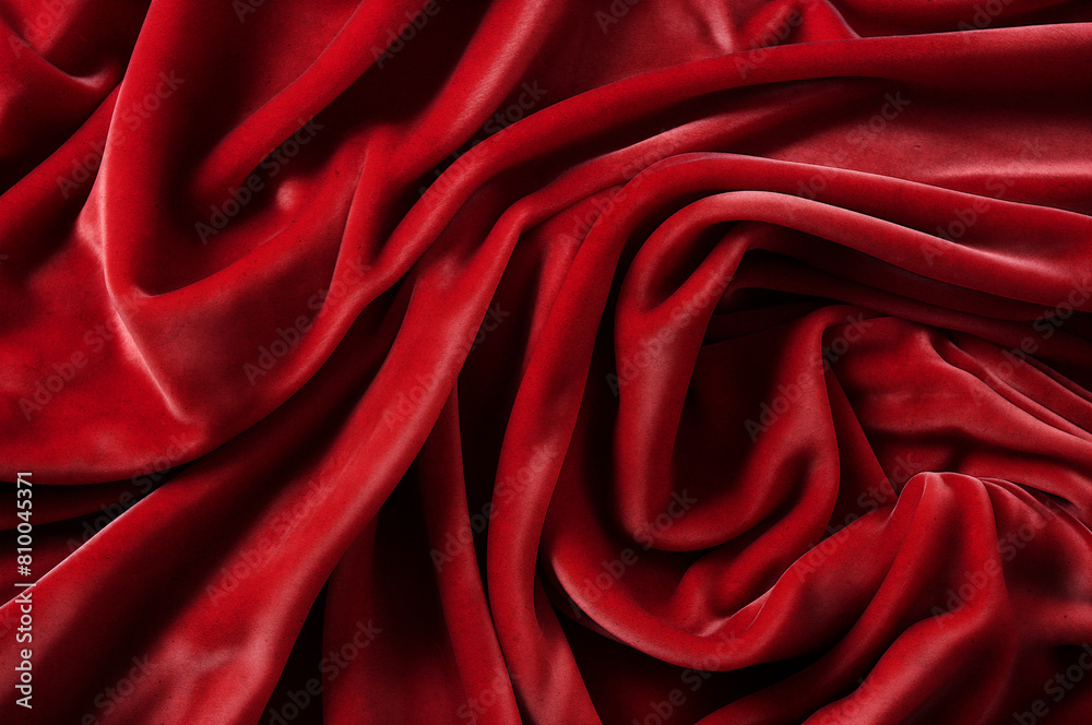 Obraz premium Fondo de lujo rojo, la tela de terciopelo rojo se extiende en suaves ondas. Gasa, satén y material brillante. vista superior. pliegues de tela ligera. boda y lujoso fondo.