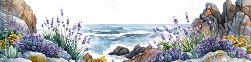 Detailed Watercolor Painting of Coastal Cliffside with Sea Lavender and Samphire photo