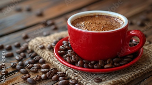 A red cup of coffee on a table.