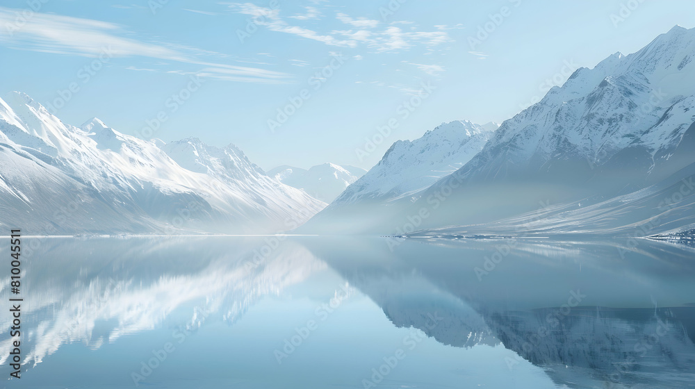 A serene glacial lake surrounded by snow-capped mountains, reflecting the clear blue sky above A serene glacial lake surrounded by snow-capped mountains, reflecting the clear blue sky above