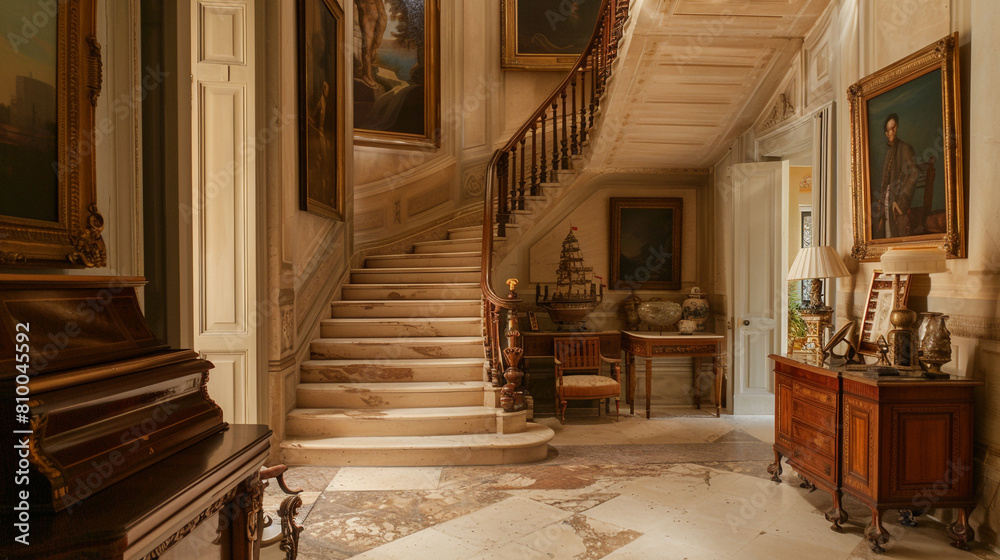 Sophisticated entryway with a cream-colored marble staircase antique wooden furniture and classic oil paintings