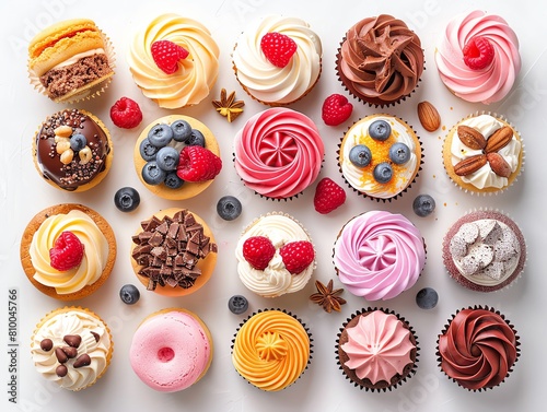 Colorful desserts assortment with several type, white background