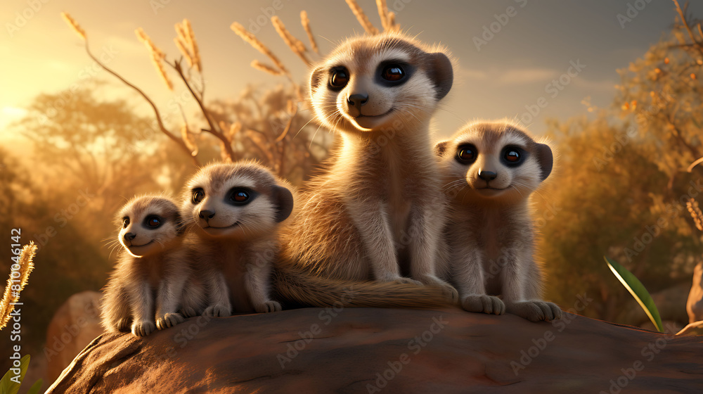 A contented family of meerkats basking in the warm sunshine, their playful nature shining in the jungle.
