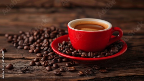 A red cup of coffee on a saucer with coffee beans scattered on the table.