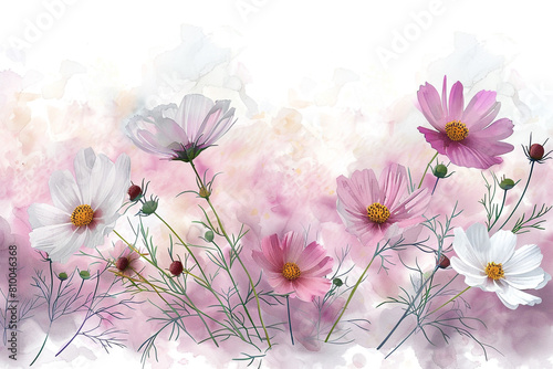 Watercolor cosmos clipart with delicate pink and white flowers 