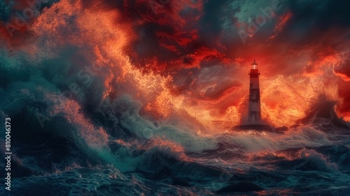 Ocean Waves Crashing Against Lighthouse. Nature's Power Concept: Scenic view of a lighthouse on a rocky coast, battered by powerful ocean waves under a stormy sky