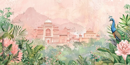 A pastel light pink and green wedding invitation card with an Indian palace in the background, a peacock bird, plants and flowers, and watercolor painting with muted colors