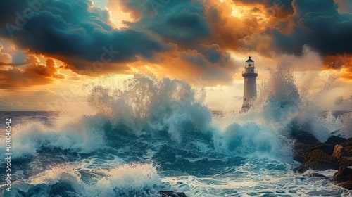 Lighthouse Enduring the Force of Ocean Waves. A picturesque scene of a lighthouse standing on a rugged coastline, bracing against mighty ocean waves amid a tempestuous sky. 
