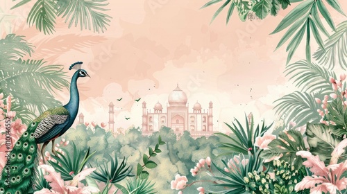 A pastel light pink and green wedding invitation card with an Indian palace in the background, a peacock bird, plants and flowers, and watercolor painting with muted colors