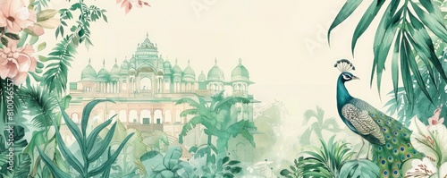 A pastel light pink and green wedding invitation card with an Indian palace in the background, a peacock bird, plants and flowers, and watercolor painting with muted colors