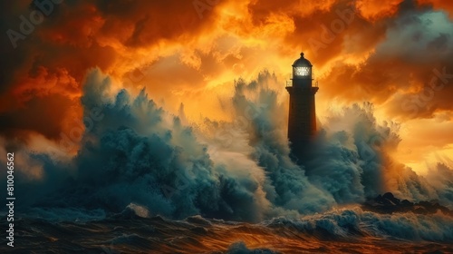 Lighthouse Enduring the Force of Ocean Waves. A picturesque scene of a lighthouse standing on a rugged coastline, bracing against mighty ocean waves amid a tempestuous sky. 