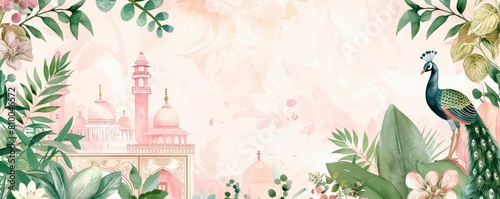 A pastel light pink and green wedding invitation card with an Indian palace in the background, a peacock bird, plants and flowers, and watercolor painting with muted colors © MEHDI