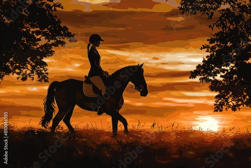 A beautiful painting of a woman riding a horse at sunset. Perfect for equestrian and nature-themed designs