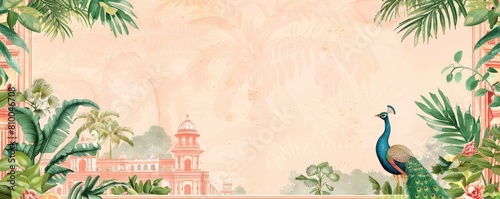 A pastel light pink and green wedding invitation card with an Indian palace in the background, a peacock bird, plants and flowers, and watercolor painting with muted colors © MEHDI