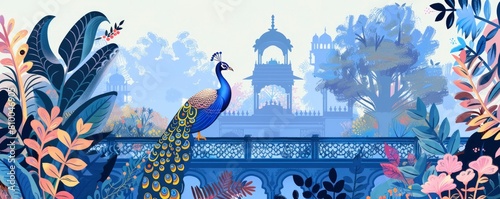 Peacock and palace arch in the distance, blue background with ornate border pattern and plants in Indian style © MEHDI
